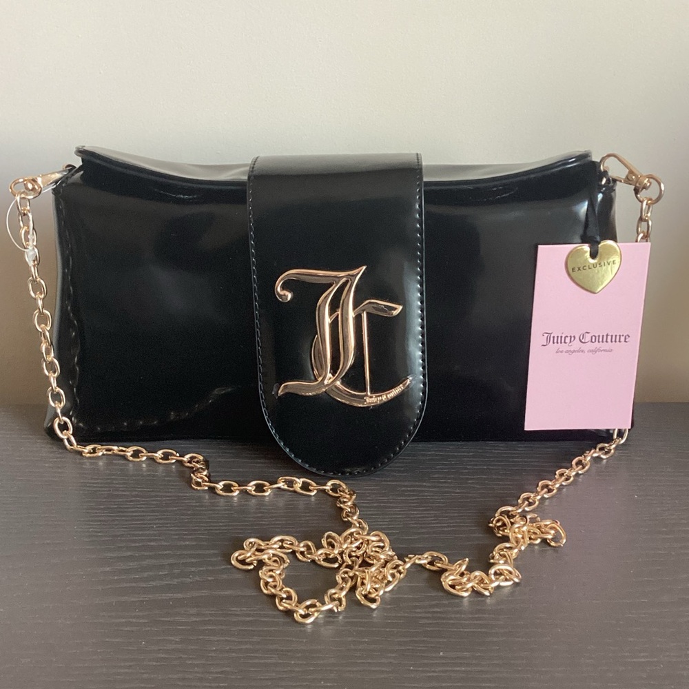 Juicy Couture Black Patent Clutch with Gold Chain